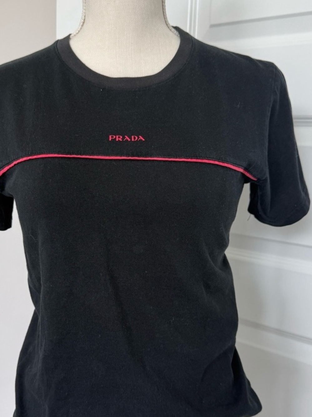 Black Short-Sleeve Crewneck Tee with Pink Trim